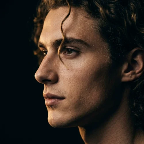 Extreme close-up profile portrait of the person. Intense chiaroscuro lighting with a golden side light, deep black shadows, hyper-real skin 