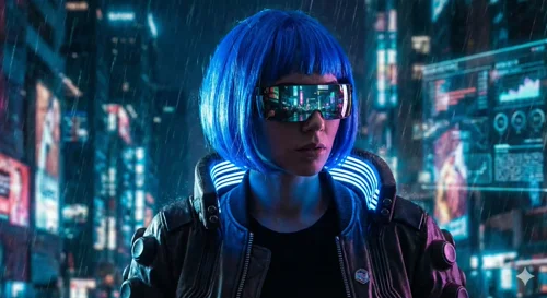 Futuristic portrait of a cyberpunk woman with glowing blue hair and visor glasses.