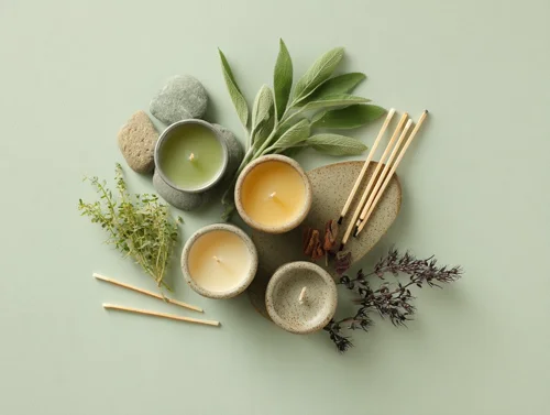 Aromatherapy candles arranged in flat lay composition with matchsticks, stone tray, herbs, top-down view, soft even lighting, pale sage back