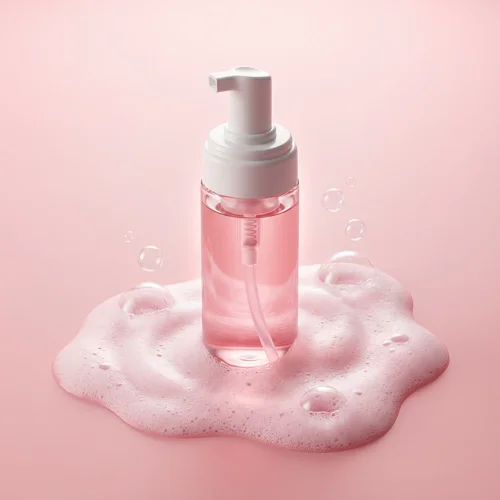 Premium minimalist skincare product photography with a translucent pink cleanser bottle, soft foamy bubbles, pastel pink background, diffuse