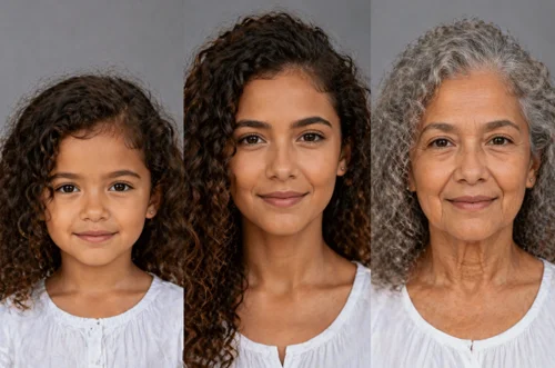 Three side-by-side portraits of the same person at ages 5, 35, and 80. Keep identical framing, plain grey background, and soft front lightin