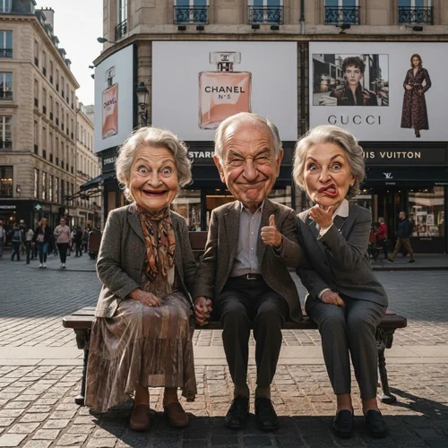 Edit the uploaded image into a photorealistic caricature with slightly larger face proportions and much goofier expressions. Keep original c