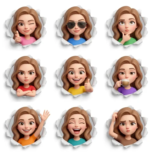 Create a 3x3 grid of expressive Pixar-style cartoon avatar stickers from the same person, with consistent identity and varied poses. Charact