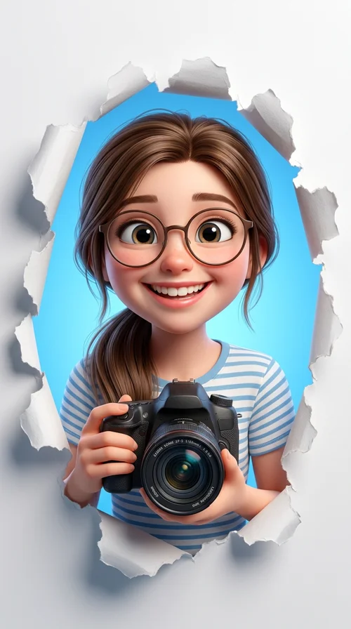 A cute stylized 3D Pixar-like character based on the reference person, wearing glasses and striped t-shirt while holding a DSLR camera, emer