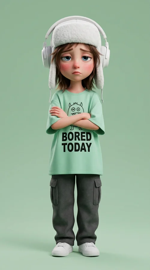 High-quality 3D Pixar-style character portrait with sad bored expression, oversized mint t-shirt, white trapper hat and headphones, soft stu