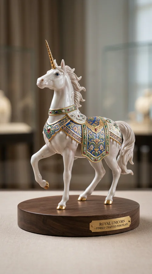 Hyper-realistic porcelain unicorn miniature with glossy translucent material, hand-painted details, elegant pose, dramatic studio lighting, 