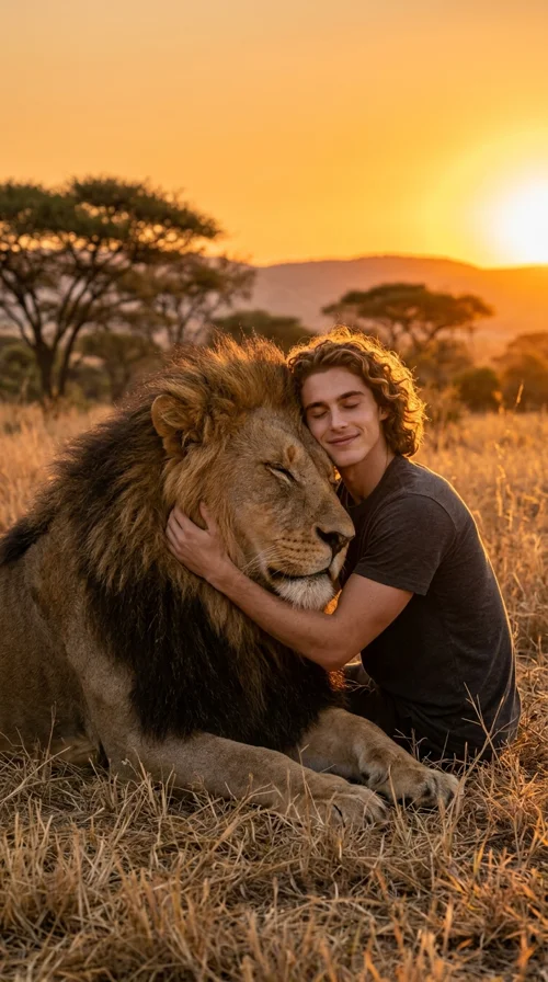 Warm golden-hour cinematic scene in African savanna. The subject gently hugs a calm lion with full mane, emotional and serene atmosphere, ri